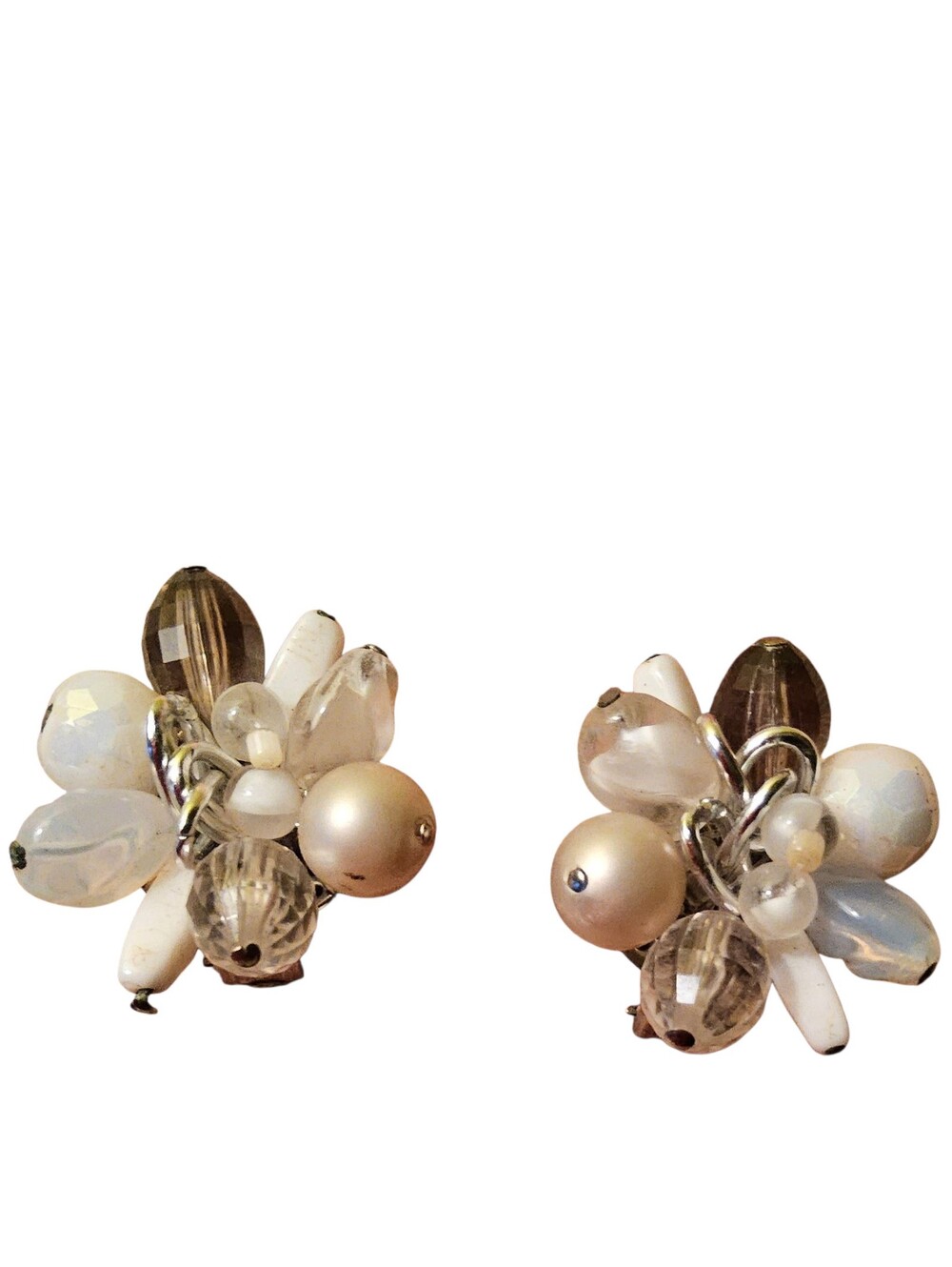 Clip-On Earrings with White Clear and Smoke Pearlescent and Crystal Beads.